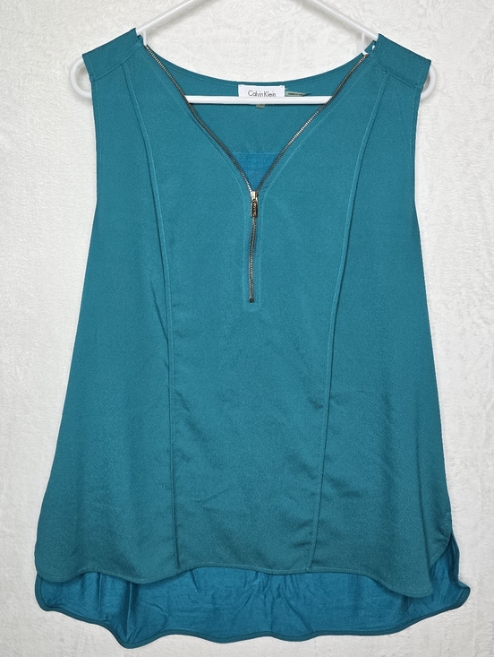 Calvin Klein Tops - Calvin Klein Teal Sleeveless Blouse XL Gold Zip High Low Top